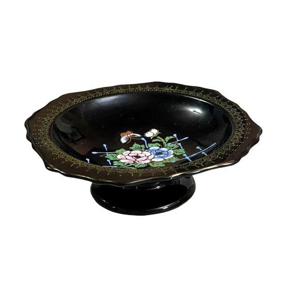 VTG Japanese Pedestal Dish Tashiro Shoten Black Hand Painted Flowers Butterfly - Picture 4 of 10